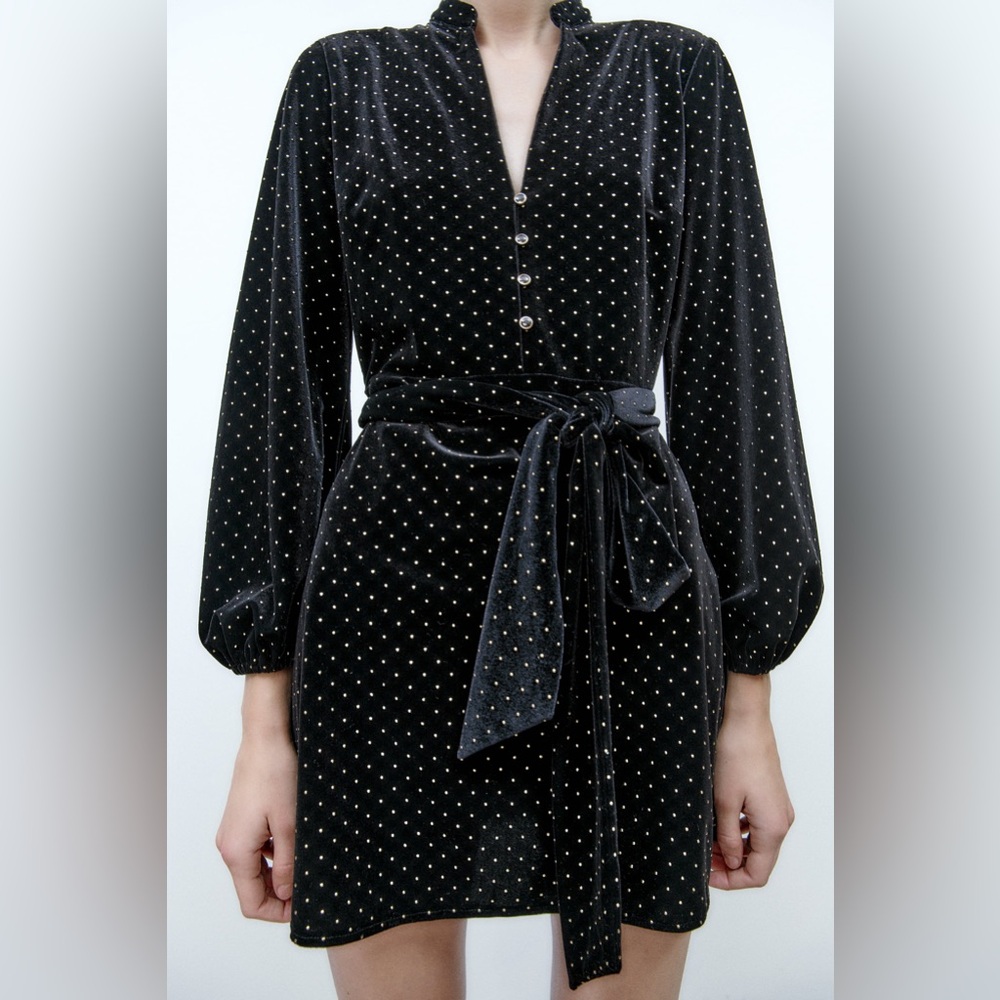 Black Velvet Volume Sleeves Studded Mini Dress